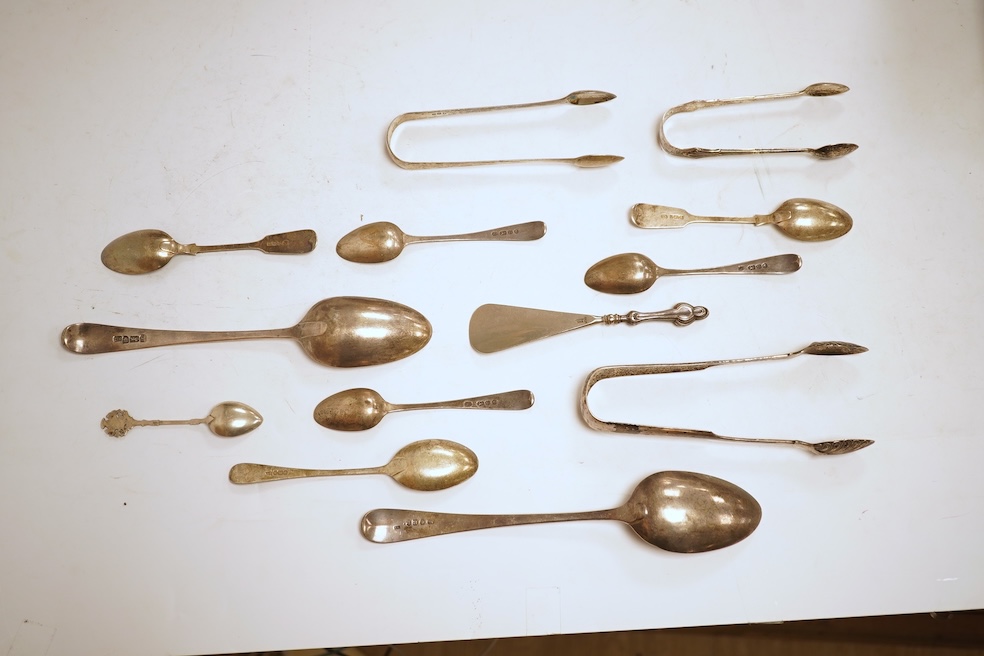 A small quantity of assorted 18th and later silver flatware, including two George III Old English pattern table spoons 11.6oz.